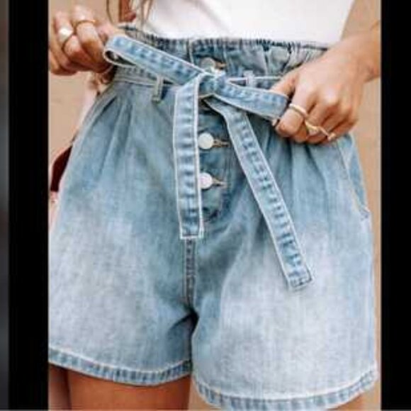 AEO Button-Front High Rise Paper Bag Waist Denim Shorts w/Self Tie Belt - Picture 1 of 15
